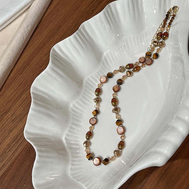 Náhrdelník z přírodního kamene Tygří oko s korálky pro ženy - Y2K Retro Módní Choker a Svetrový řetízek