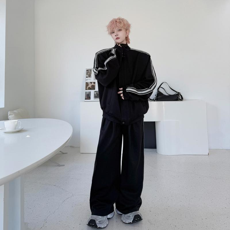 Spring retro stand-up neck cardigan sweater set men's niche webbing decorative design casual trousers sports two-piece set
