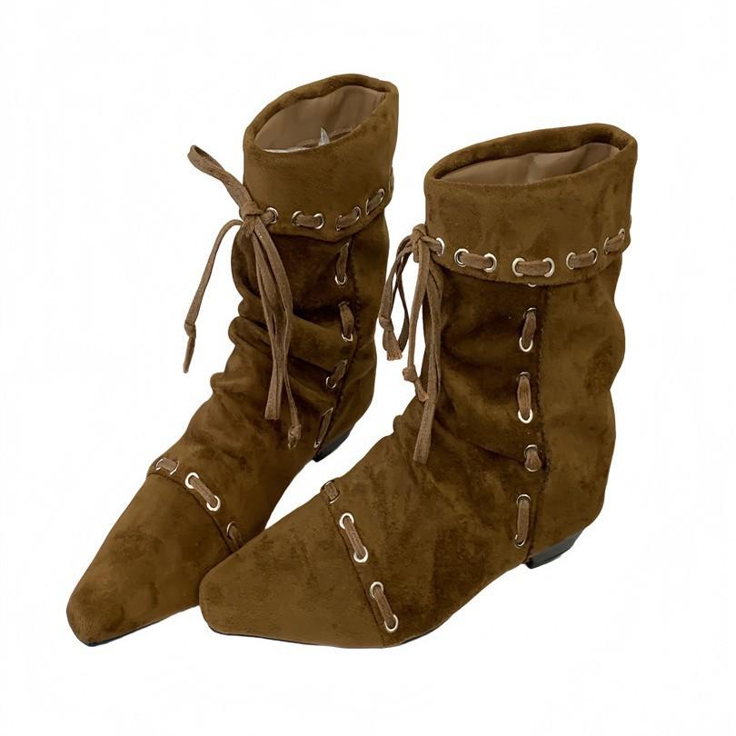 2025 autumn and winter new retro niche pointed short boots women's inner heightening straps western cowboy boots pleated stacking boots