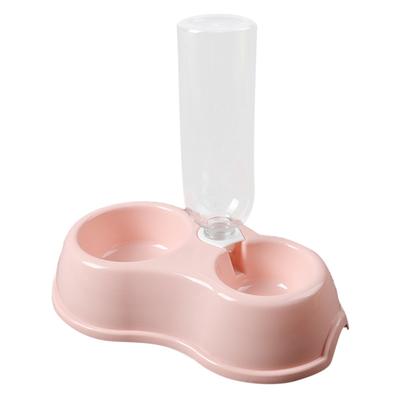 Pet Double Bowl Round Plastic Automatic Water Storage Dog Bowl with Drink BottlePink