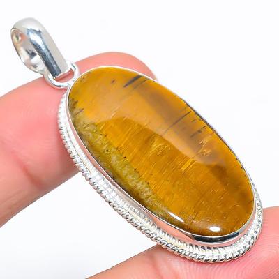 Pendentif Pierre Gemme Oeil de Tigre Naturel Fait Main Argent Sterling 925 2,29" S2m67