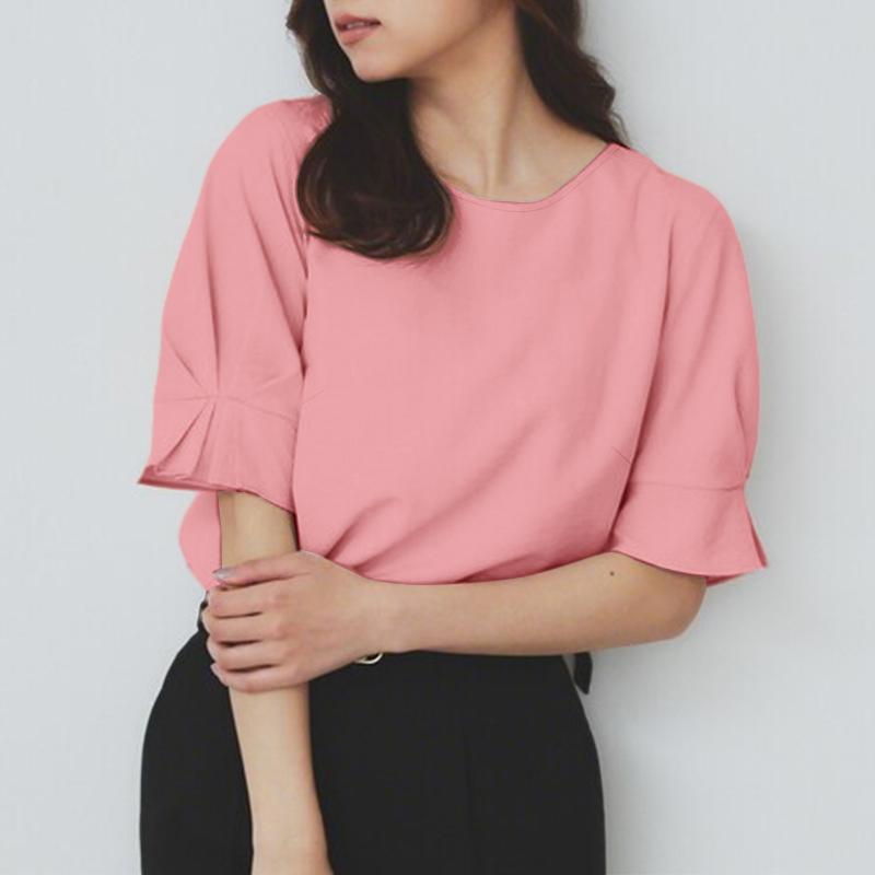 

ZANZEA Женская повседневная блузка свободного кроя однотонной расцветки с круглым вырезом и рукавами до локтя розовый