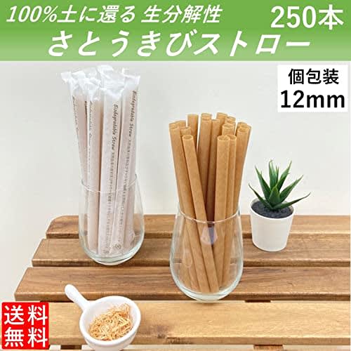 Biodegradable Sugarcane Straws, 210mm Long, 12mm Diameter, Individually Wrapped in Paper, Single End, Pack of 50, for Tapioca and Shakes