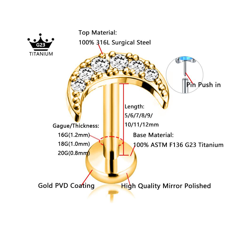 Titanio ASTM F136 G23 Fiore Luna Farfalla Piercing Senza Filettatura Spillo Fulmine Push-in Stud per Labbra Daith Conch Orecchino 16G 18G 20G