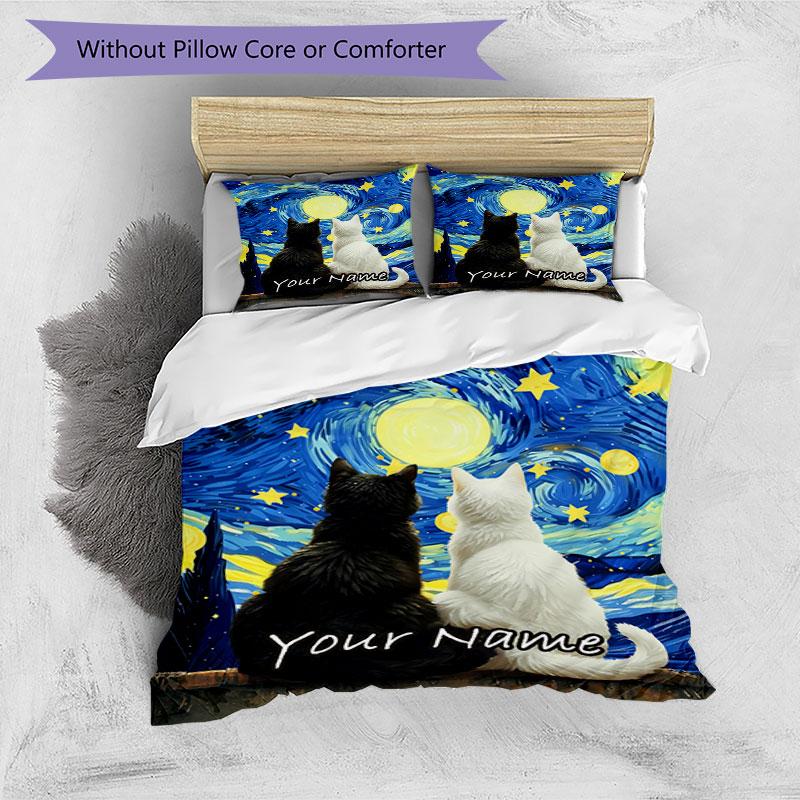 3PC Custom Name Night Sky Cats Bedding Set Printed Bedding Set Duvet Cover Closure Includes 1 Duvet Cover & 2 Pillowcases for All Seasons Bedroom