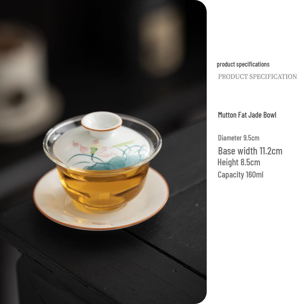 Chinese Hand-Painted Gaiwan Tea Set with Borosilicate Glass and Mutton Fat Jade White Porcelain