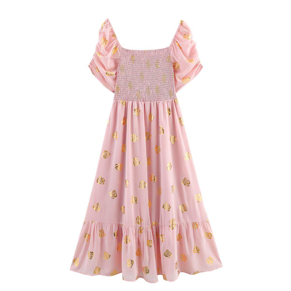 

Весна 2025 Женское платье в европейском и американском стиле, приталенное, шифоновое, с коротким рукавом M розовый