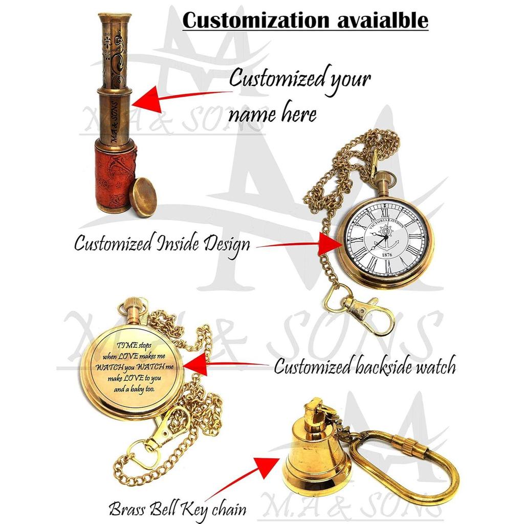 Brass Antique 6.5" Brass Telescope, | 2'' Brass Pocket Watch, | Brass Bell Key Chain