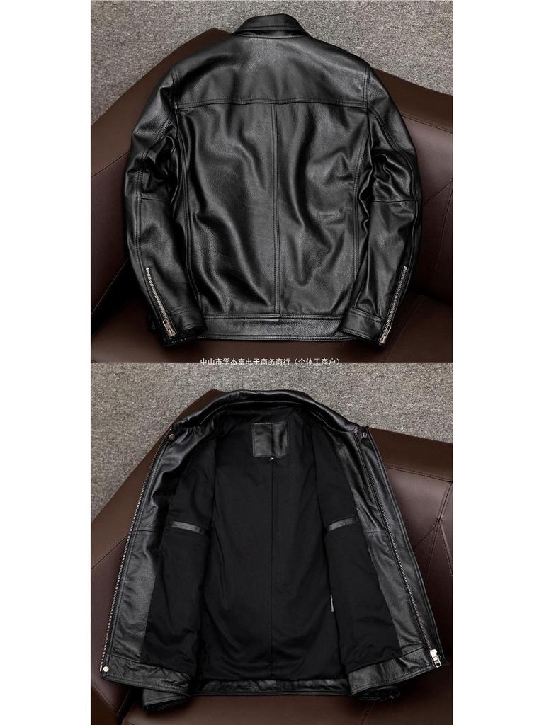 Men's Genuine Leather Turn-Down Collar Jacket - Short Style Cowhide Texture with Cotton, Plus Size - Ideal for Autumn & Winter