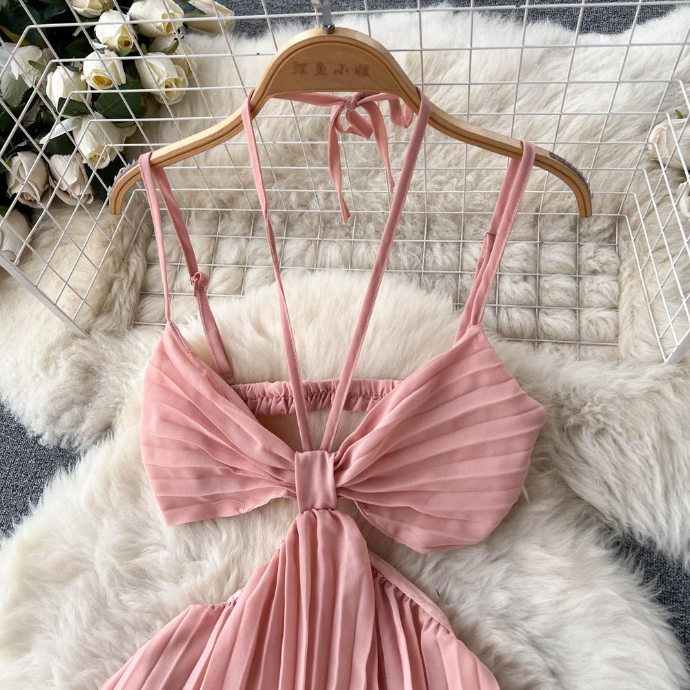 French Sexy Hollow Out Irregular Slim Beach Pleated Dress Women Seaside Holiday New Fashion Sleeveless Bohemian Clothes