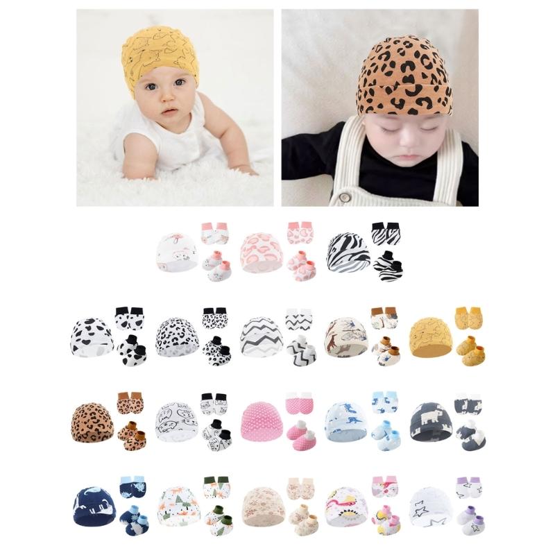 Set da 3 Pezzi Cappellino Guanti Calzini in Cotone per Neonato Anti Graffi Protezione Completa Manopole Copripiedi Accessori per Neonati