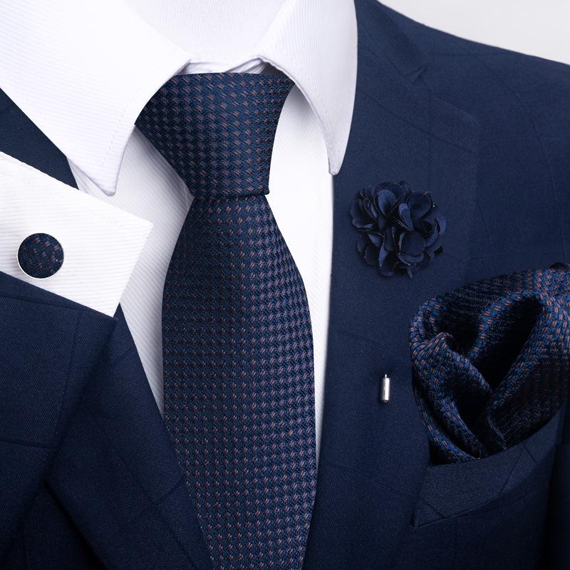 Brown Paisley Men's Tie, Pocket Square, Cufflinks & Boutonniere Set for Business Formal Wear.