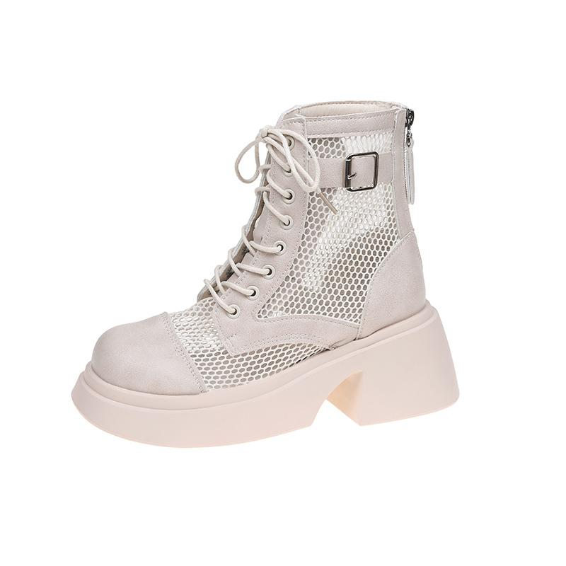 Summer New Women's Ankle Boots Breathable Mesh Lace-up Chunky Platform Style Belt Buckle Back Zipper Sandals for Ladies