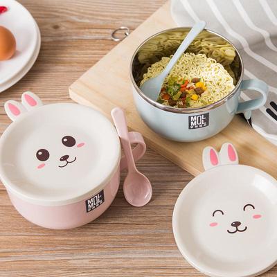Korean Style Double-Layer Cartoon Noodle Bowl Set with Lid & Spoon, Large Capacity, Anti-Scald