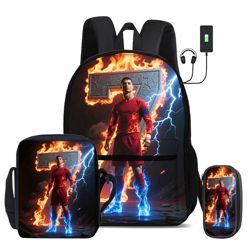 Ronaldo 3 Pcs Set School Bags Backpack with USB Interface CR Football Star Shoulder Bag Football Sports Pencil Bag Kids Rucksack