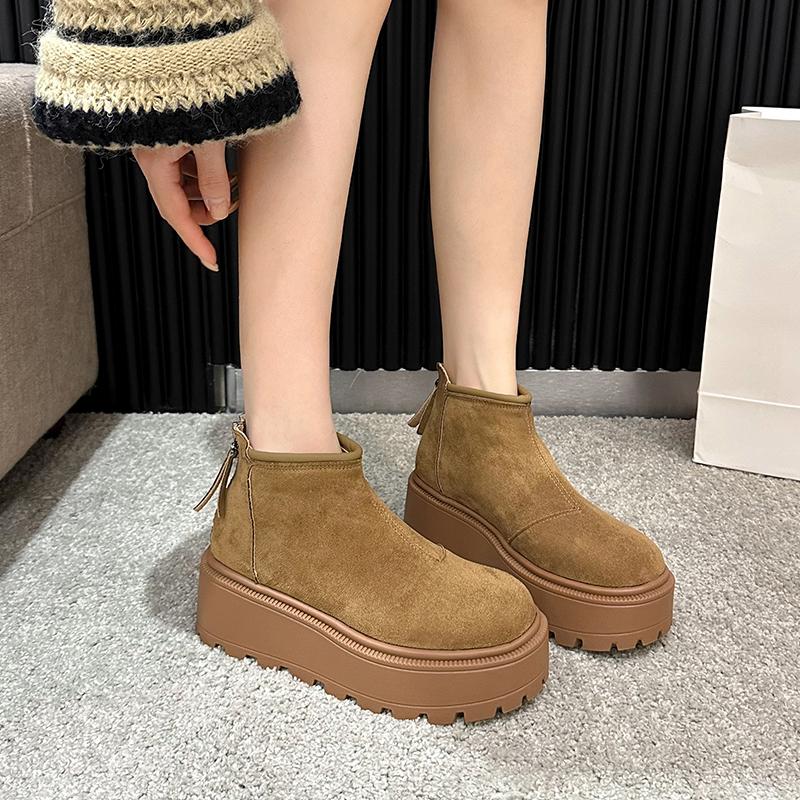 Mode Damenmode Keilabsatz Baumwollstiefel Winter Neu Runde Spitze Wildleder Reißverschluss hinten Dicke Sohle Rutschfest Kurze Schneestiefel