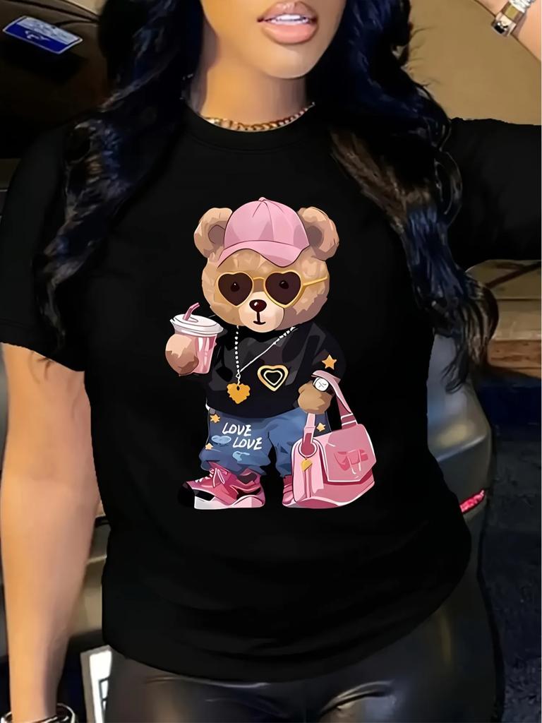 Sleeve Top Stylish Casual Summer Spring Wear with Design Womens Cute Teddy Bear Graphic TShirt Crew Neck