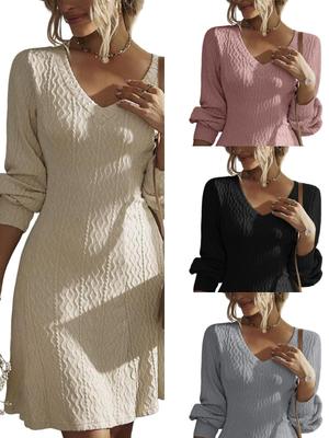 Autumn 2024 Elegant Solid Color Textured Long-Sleeve Dress