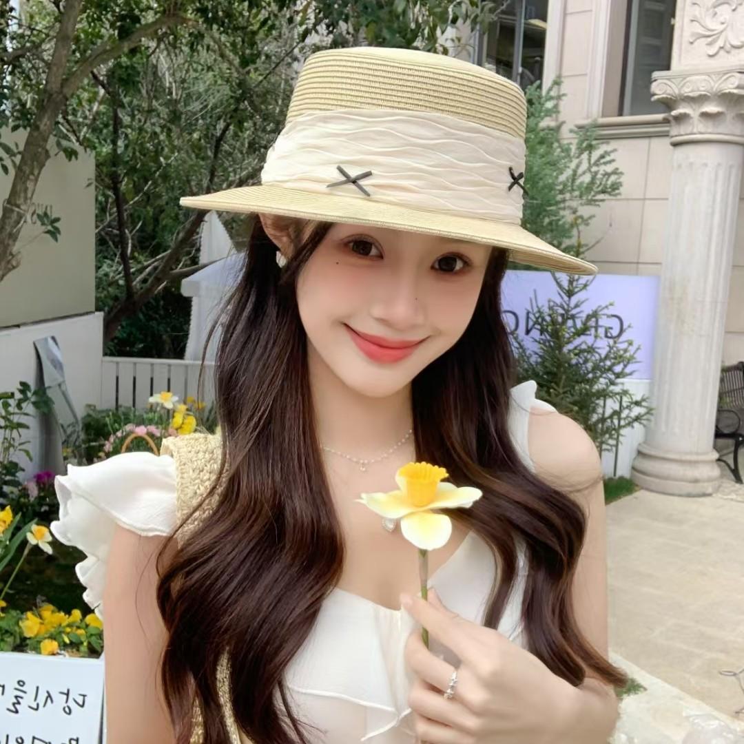 

Summer Small Fresh Bow Flat Top Straw Hat Women s Travel Shade Straw Versatile Top Hat Seaside Holiday Hat Adult average size бежевий