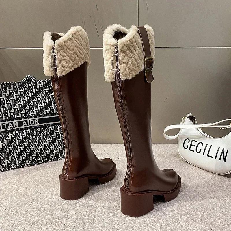 Fashion Winter Knee High Brown Long Boots Comfort Square Heel Zip Belt Buckle Platform Boots for Women Plush Edge Warm Gothic Shoes
