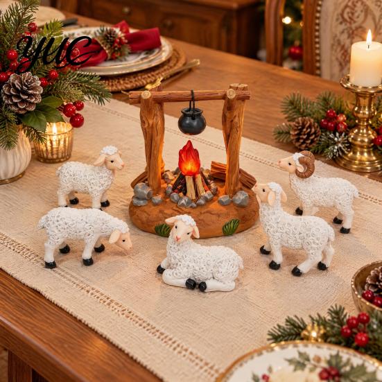 Christian Gift for Family Christmas Nativity Scene Set with LED Lighted Campfire, Resin Manger Stable Figurine, Religious Figurine Wooden Look