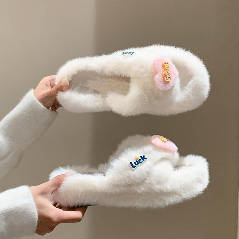 Aphixta 2024 Sweet Warm Winter Furry Slippers Luck Love Decoration Cute Women Indoor Slippers Shoes Dec Flat Heel Hair Slides