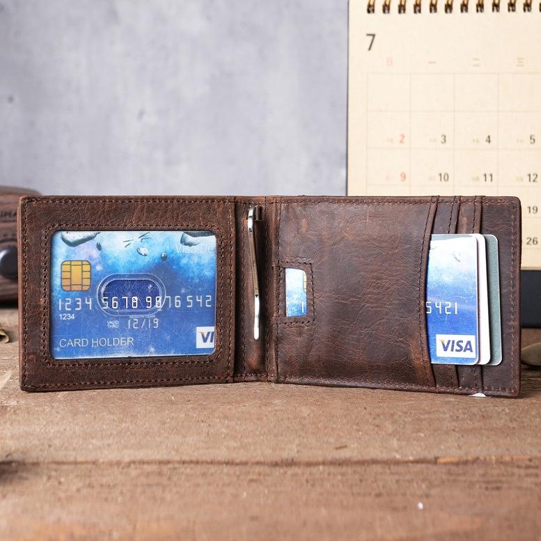 Genuine Cowhide Leather Men's Short Wallet Vintage Slim Card Holder with Money Dollar Cash Clip Classic Leather Credit Card Holder for Men Daily Use