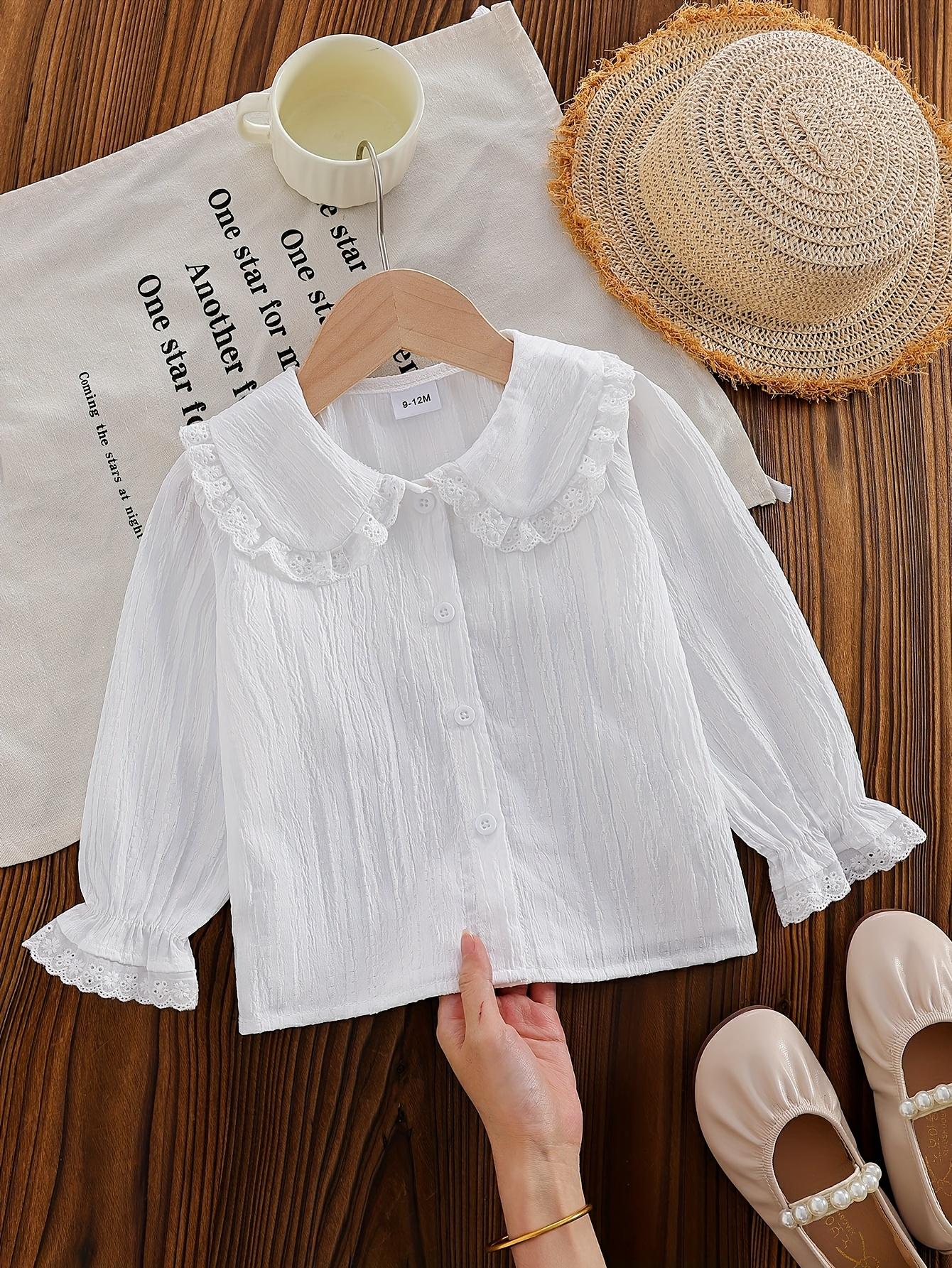 

Toddler Girls White Lace Peter Pan Collar Crinkle Texture Long Sleeve Button-Down Shirt, Casual Preppy Tops for Spring Fall 6-9M белый