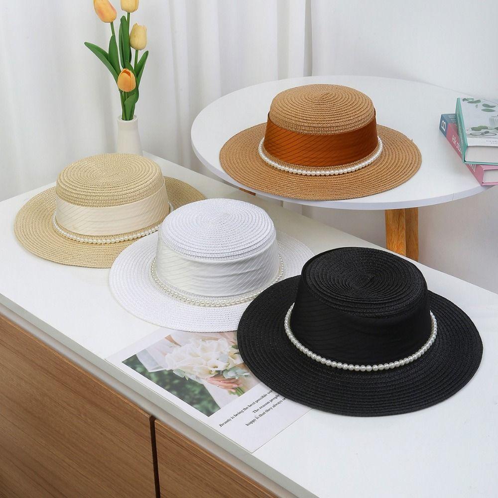 UV Protection Wide Brim Straw Hat Pearl Chain Weave Bucket Hat Fashion Women's Fisherman Hat  Party