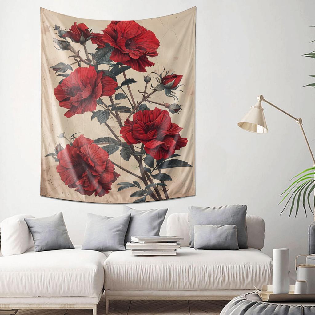 Vintage Botanical Print Red Flower Tapestry Elegant Living Room Decor Art