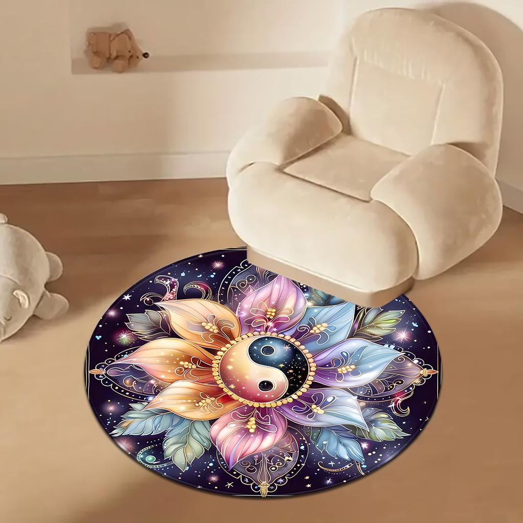 Tai Chi Yin Yang Lotus Round Rug, Colorful Non-Slip Fade-Resistant Circular Carpet for Bedroom and Living Room Decor