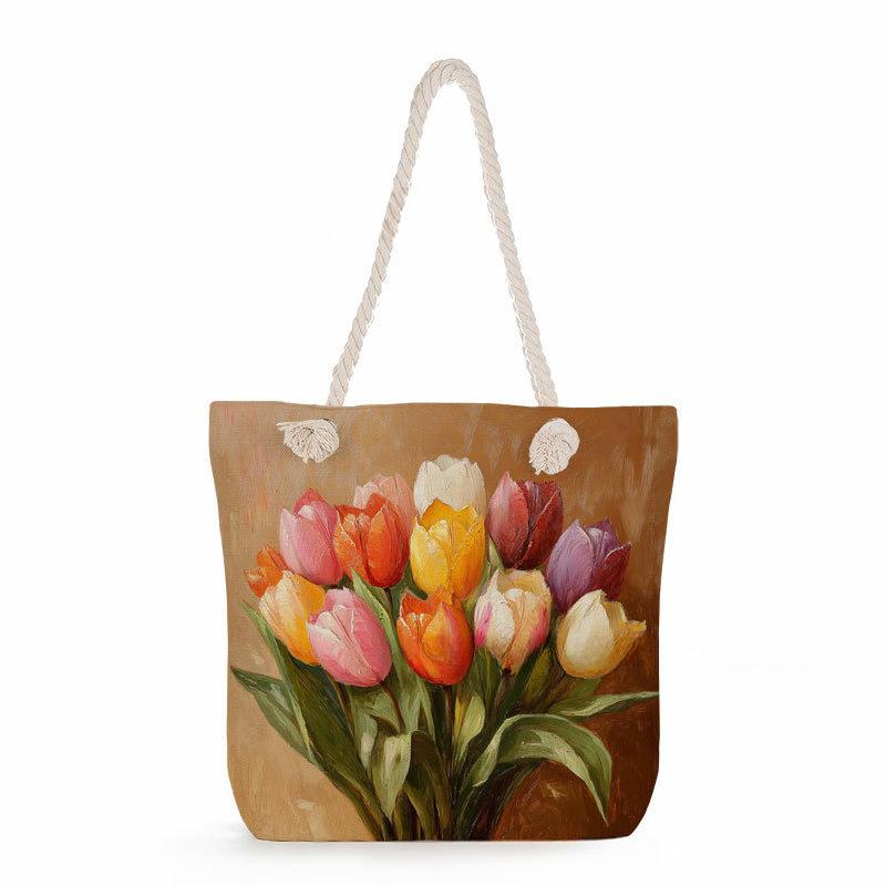 Tulip flowers print thick rope single-shoulder beach bag 7356