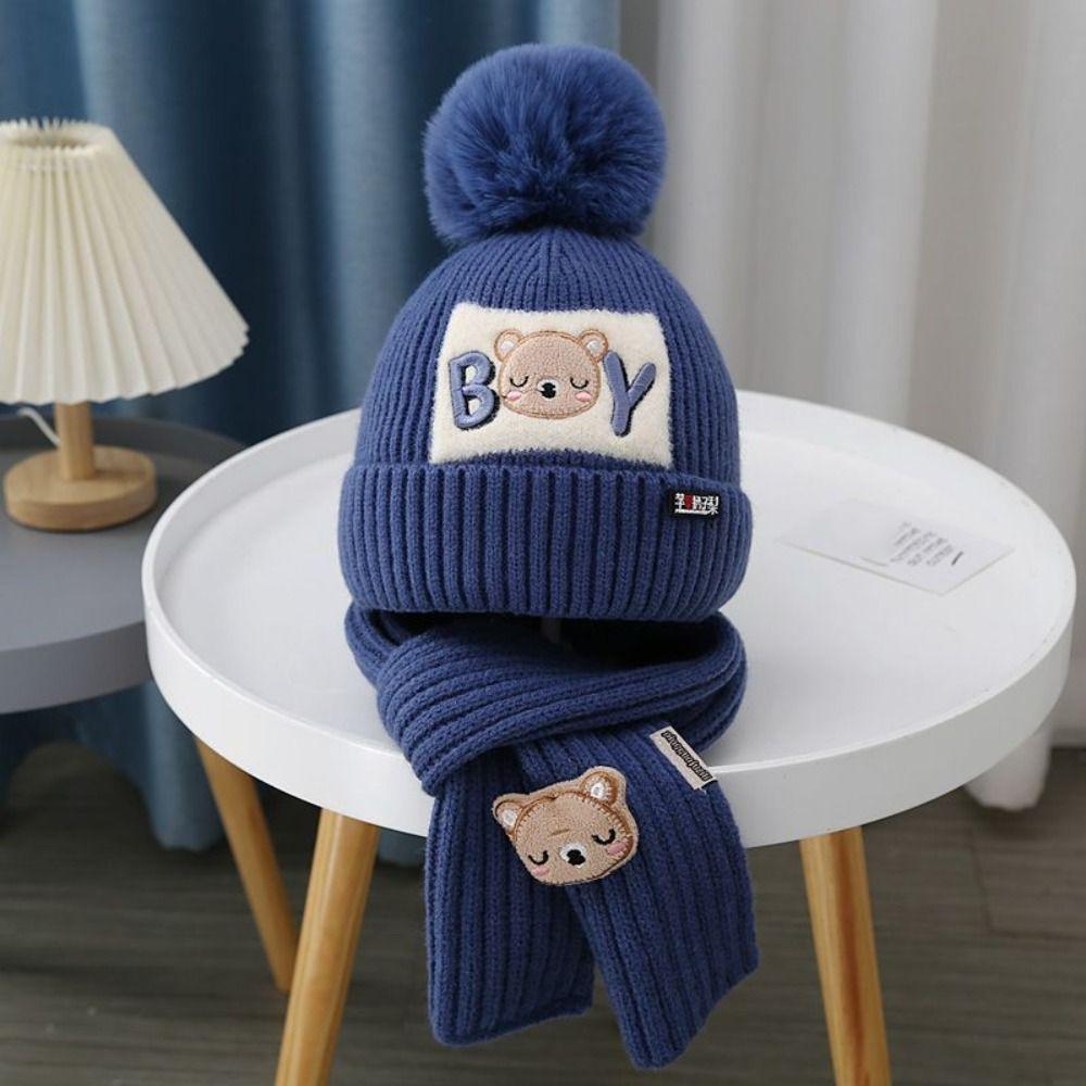 

Neck Scarf Baby Hat Scarf Set Solid Color Children s Ear Protection Hat Kids Crochet Hat Toddler синий