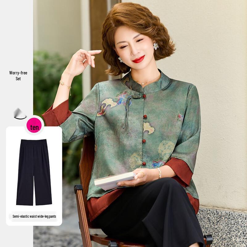 Elegant New Chinese Style Seven-Sleeve Top & Pants Set for Mothers XL