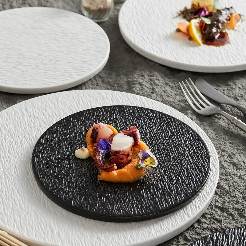 Tableware Frosted Black and White Flat Plate, Round Western-style Food Electroplating, Cake Plate, Steak Plate, Flat Plate