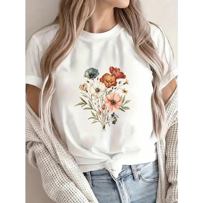Floral Print T-Shirt White Botanical Flower Design For Casual Wear
