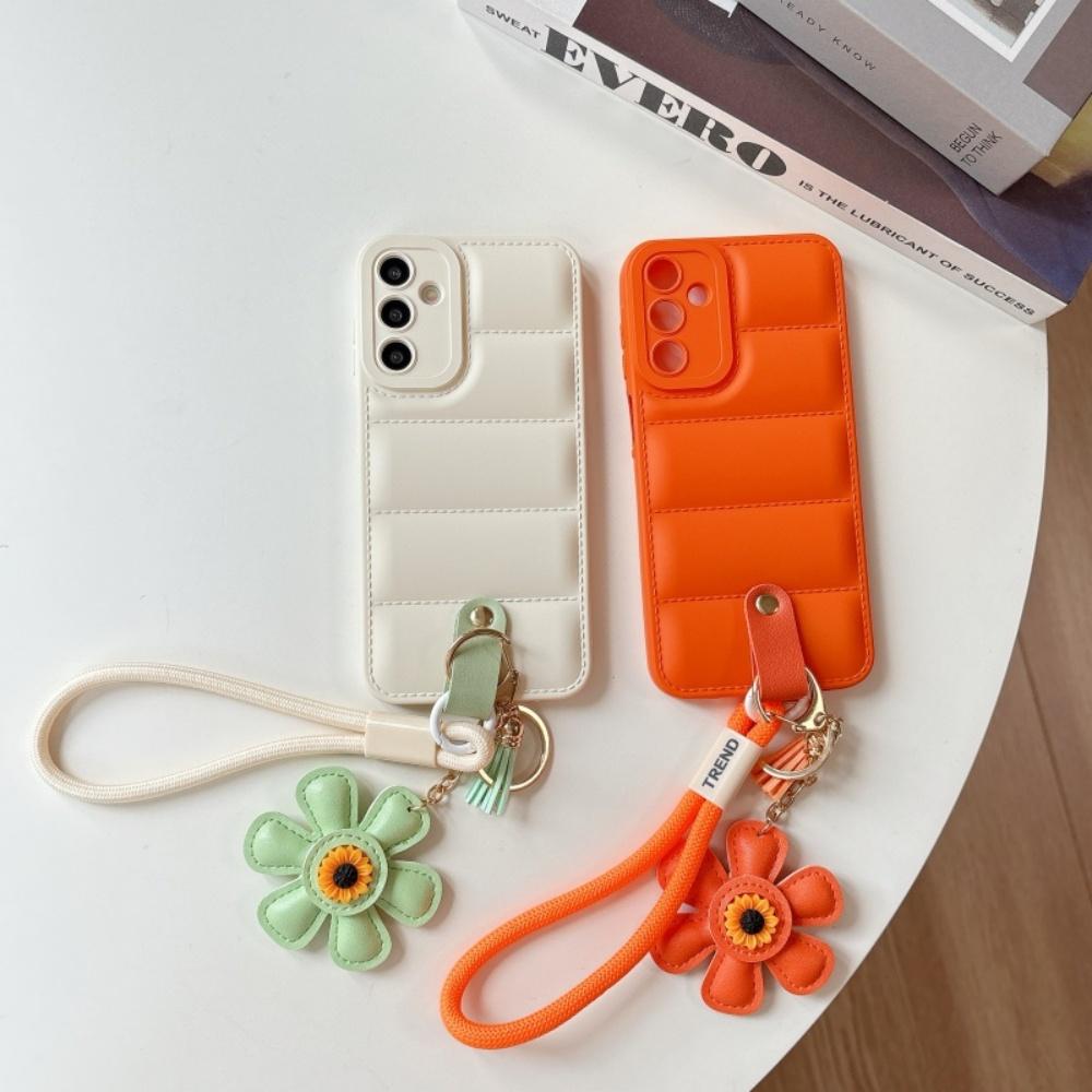 Ins Sunflower Down Jacket Lanyard Case for Samsung Galaxy S25 S24 Ultra S23 S22 Plus A55 A56 A16 A54 A35 A15 Wrist Strap Cover