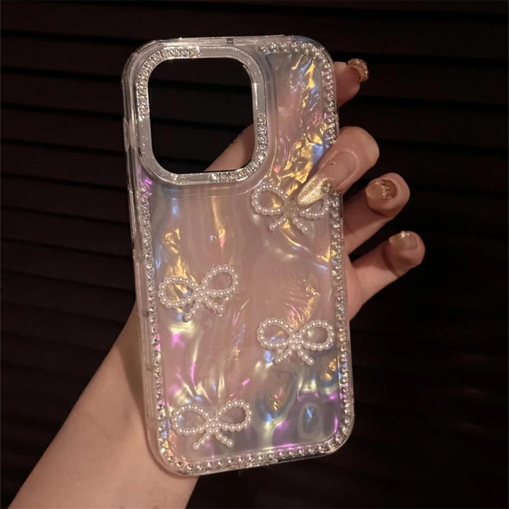 Luxury 3D Pearl Bowknow Glitter Rhinestone Shell Pattern Phone Case For iPhone 17 16 15 13 12 Pro Max 14 Plus Stylish Bling Cover