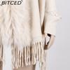 BITCED Fall/Winter Fringe Cape Shawl with Fur Collar Solid-Color Knit Sweater Jacket