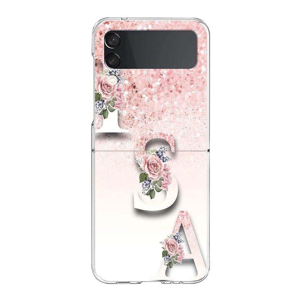 Letter Pink Shiny M R Phone Case For Samsung Galaxy Z Flip 3 4 5 Hard Folding Clear PC Bumper For Samsung Z Flip 6 Cover