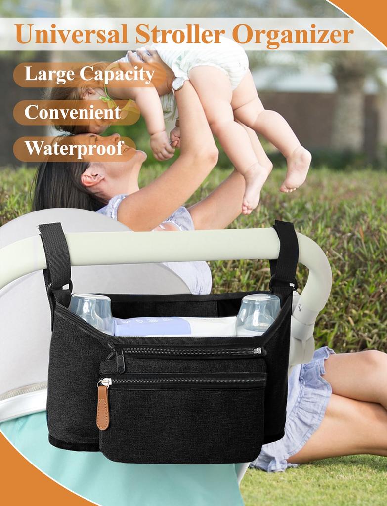 Maeau Stroller Bag, Large Capacity, Water-Repellent, Diaper Pouch, Smartphone Storage Pocket, Multi-Functional, Crib/Stroller Hanger #A