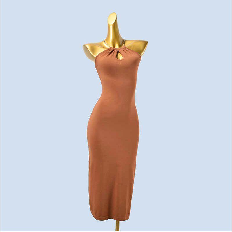 Sexy Sweet and Spicy Pleating Hanging Neck Metal Chain Backless Solid Sleeveless Knitted Ice Silk Vest Dress Summer