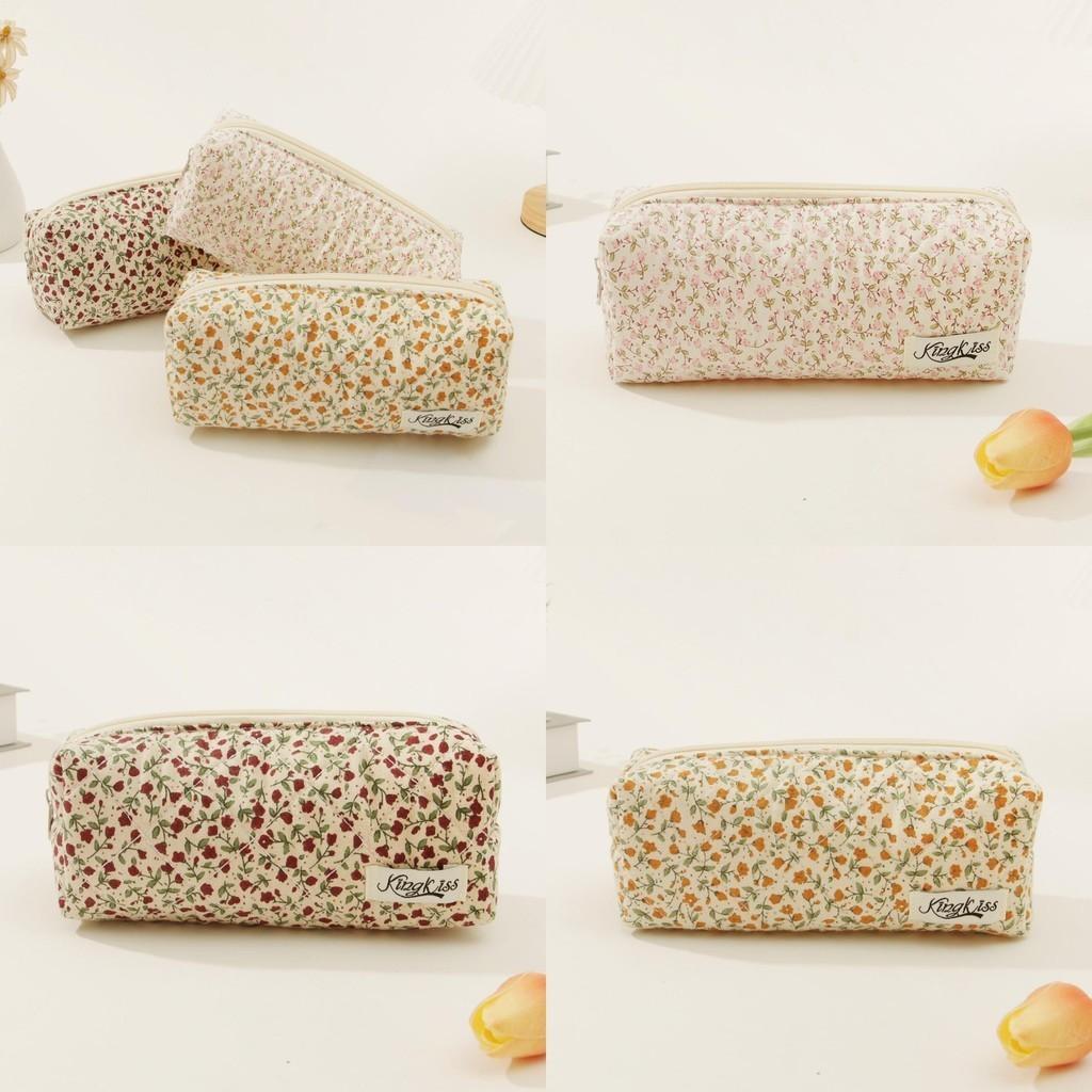 Cute Floral Cotton Pen Pouch Makeup Bag Travel Organizer With Stitching Red/yellow/pink