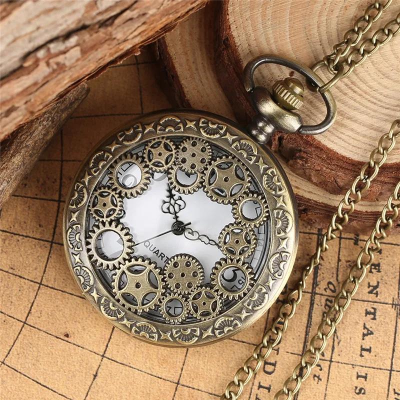 New Fashion Retro Design Hollow Gear Fob Watch Vintage Bronze Pocket Watch Necklace Chain Pendant Quartz Watches Birthday Gifts