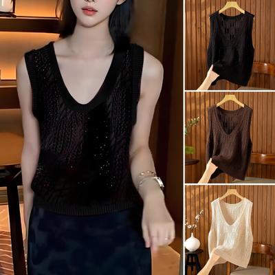 Gestricktes Tanktop für Damen V-Ausschnitt Ärmellos Aushöhlen Häkel-Camisole Top Sommer Locker Lässige Strickweste
