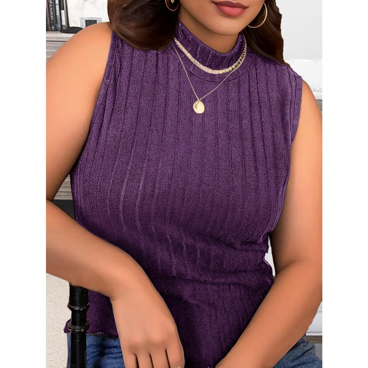 

Spring Summer New Arrival Plus Size Women s Knit Stretch Vest Solid Color Half Turtleneck Sleeveless Tank Top 5XL фіолетовий
