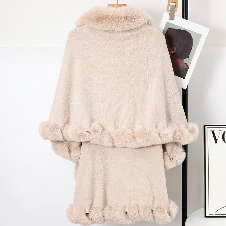 Women Double‑Layer Faux Fur Trim Poncho Shawl Winter Warm Open Front Cape Outerwear