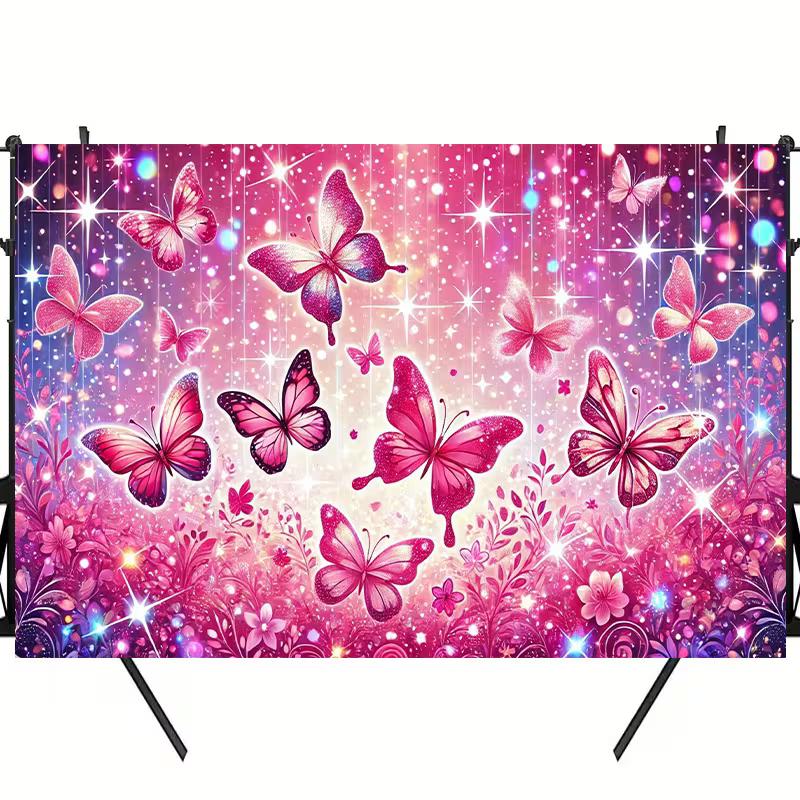 2D Pink Butterfly Themed Backdrop Sparkle Glitter Floral Party Decoration Banner