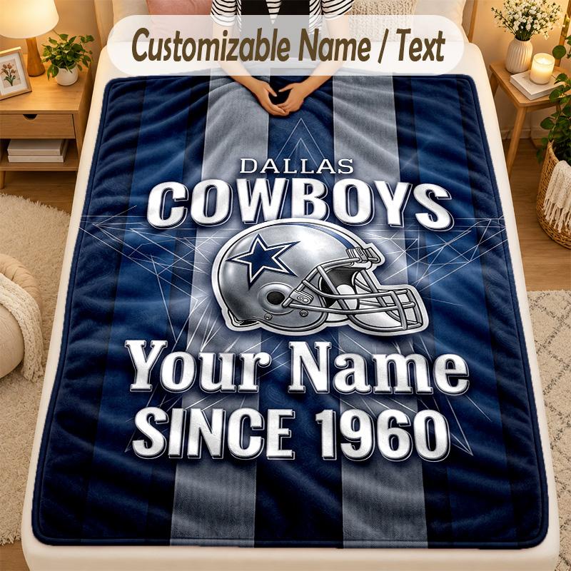 Flannel BlanketDallas Cowboys Custom Name Text Personalized Soft Warm Throw Blanket Home Decor Gift