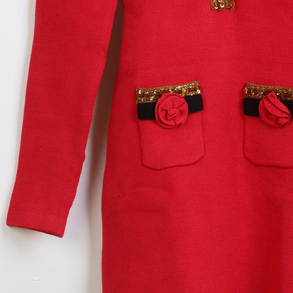 SP Women's Red Rose Knitted Dress - French Elegance & Socialite Style for Spring/Autumn